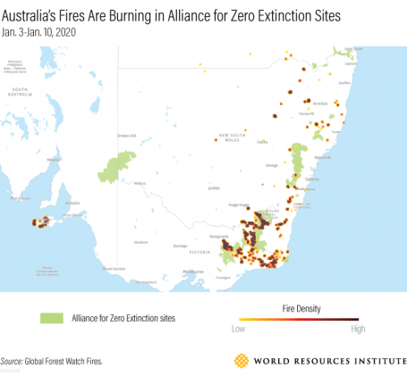 Map showing Australia's Fires are Burning in Alliance for Zero Extinction Sites