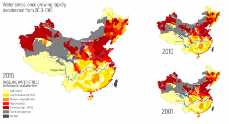Maps showing baseline water stress 2001, 2010, 2015
