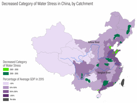 Map showing decreased category of water stress in China, by catchment