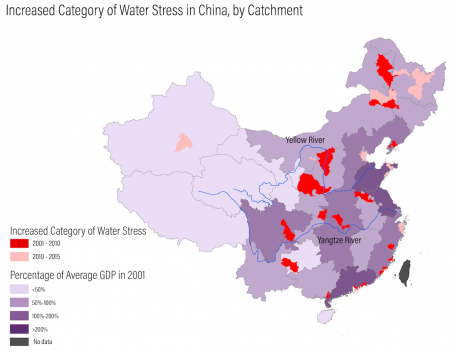 Map showing increased category of water stress in China, by catchment