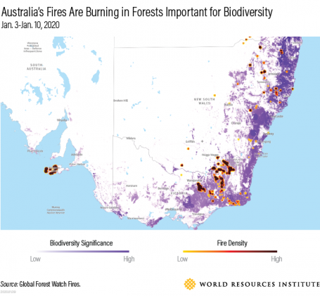Map showing fires and biodiversity significance. Title: Australia's Fires Are Burning in Forests Important for Biodiversity