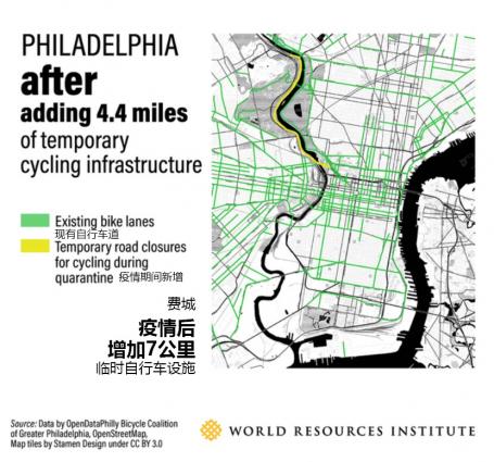 Map of Philadelphia bike lanes showing existing bike lanes and temporary road closures during quarantine