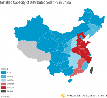 Map showing installed capacity of solar PV in China