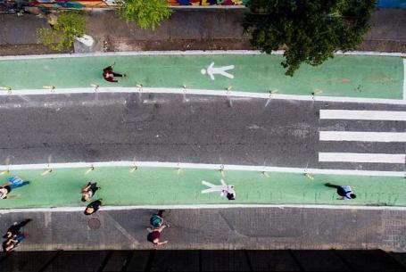 Aerial view of pedestrians on walking lanes