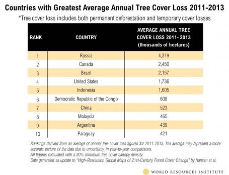 Table showing countries with greatest annual tree cover loss, 2011-2013