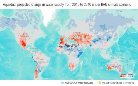 Map showing Aqueduct projected change in water supply from 2010 to 2040 under BAU climate scenario